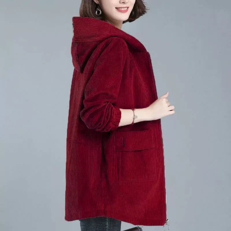 Демисезонная вельветовая куртка, длинная толстовка с капюшоном, plus size, коллекция 2021 года, средняя длина