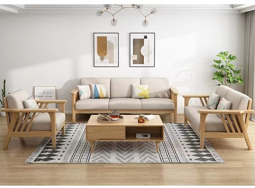 Nordic solid wood sofa set, modern minimalist Chinese-style princess corner sofa for small living rooms, three-seater living room furniture