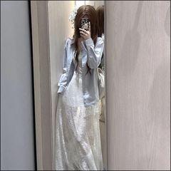 宽松百搭时尚设计吊带蕾丝拼接修身蓝色长袖衬衫长款长裙白裙套装
