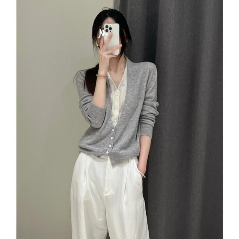 撞色假两件针织开衫女早春季2025新款宽松外搭设计感毛衣上衣外套|undefined