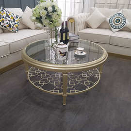 法式轻奢圆镂空圆形茶几 美式简约实木钢化玻璃 小户型设计师茶几