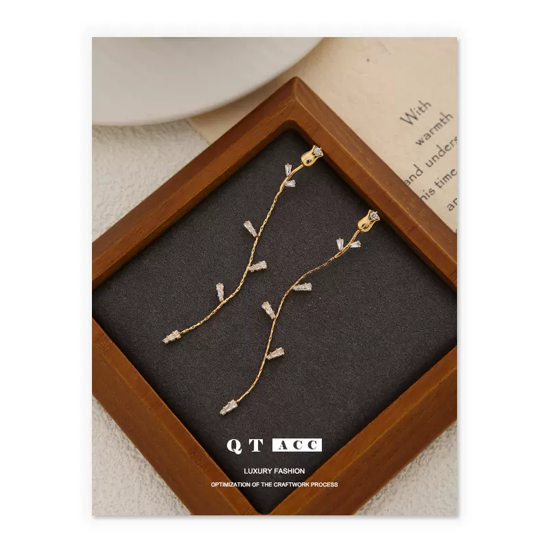 法式复古精致轻奢高级感玫瑰花耳环小众简约长款流苏锆石耳坠耳饰