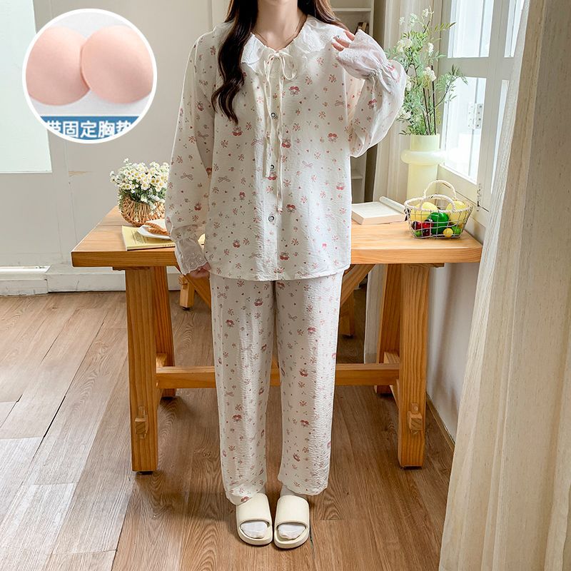 Al por mayor transfronterizo nuevo cardigan de algodón nublado princesa correa de viento cojín de pecho cardigan dulce pantalones de manga larga pijamas ropa doméstica de mujer
