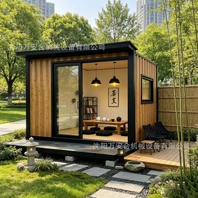 New Chinese-style container tea room made of natural wood, Zen-inspired courtyard landscaping, tranquil national-style prefabricated leisure tea house New Chinese-style container tea room made of natural wood, Zen-inspired courtyard landscaping, tranquil national-style prefabricated leisure tea house