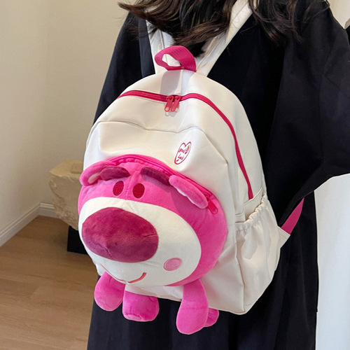Three-dimensional pink fur bear head doll backpack, cute school bag, plush cartoon Japanese doll backpack, middle school student and junior high school student