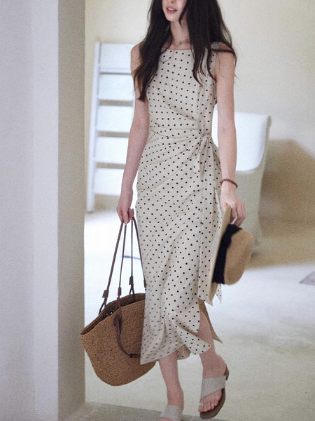 Đầm maxi nữ thắt eo vải lanh Pháp cảm giác sóng chấm — màu mơ