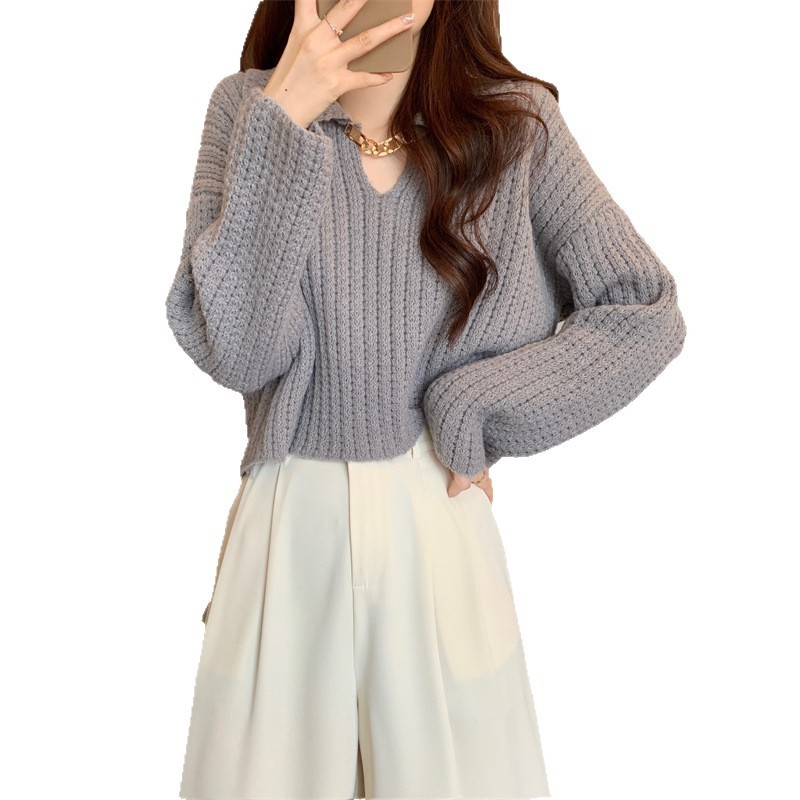韩系秋冬新款翻领链条针织套头衫设计感休闲慵懒风毛衣女软糯上衣|undefined