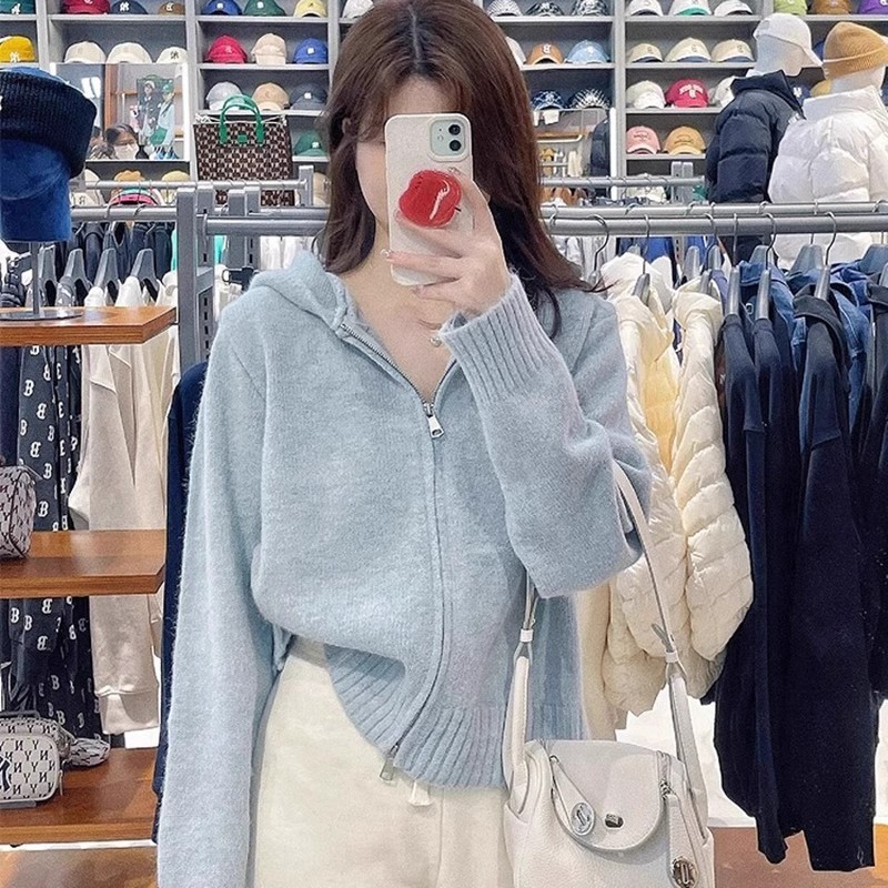 蓝色连帽针织衫春秋装外套女秋冬季宽松甜蜜拉链毛衣开衫短款上衣|undefined