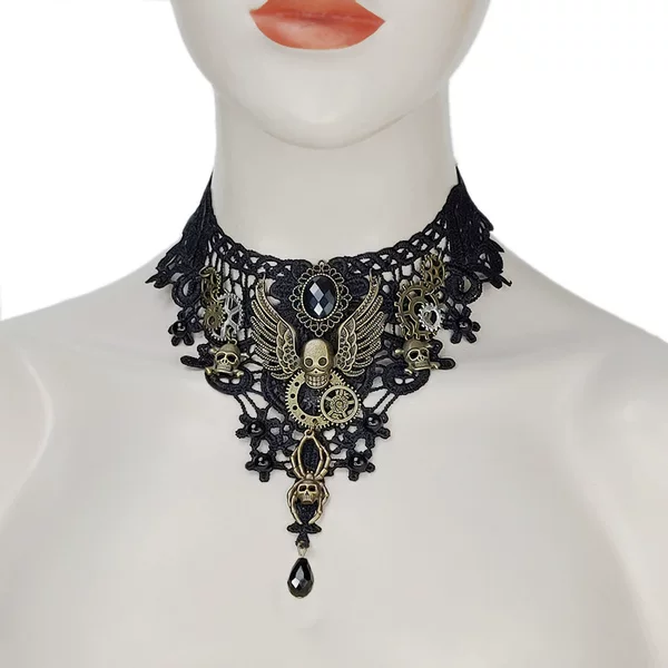 Original Design Cross-Border New Style Dark Gothic Punk Lace Necklace Halloween Skull Gear Retro