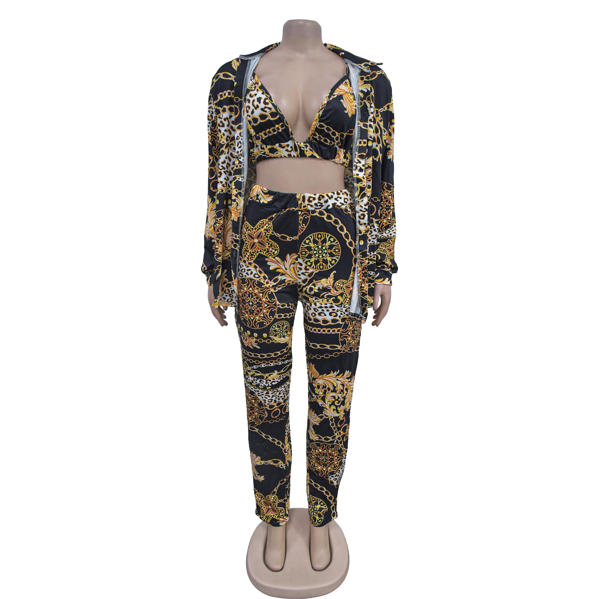 Women's Pant Set With Long Sleeved Collared Jacket And Trousers_voghion.com