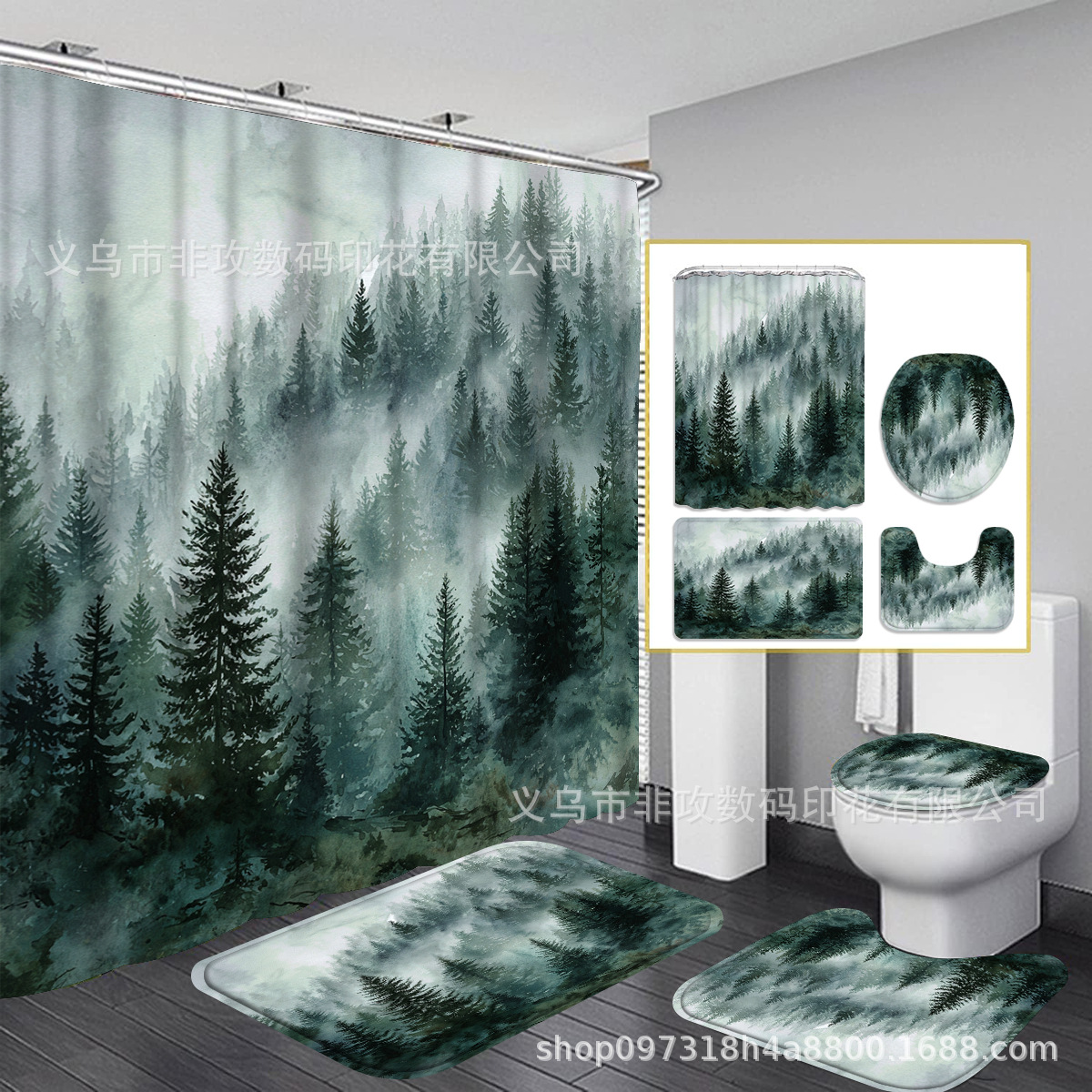 Fabricantes de fuente transfronteriza de comercio exterior cortina de baño de impresión paisajística cuatro piezas de baño cortina de baño impermeable antideslizante conjunto personalizado