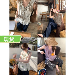 松麗茶語（ソン・リ・チャ・ユ）麻麻耳（ママオ）刺繍入りVネックノースリーブトップス、女性用、紐付き、フリル付き、ゆったりとしたブラウス