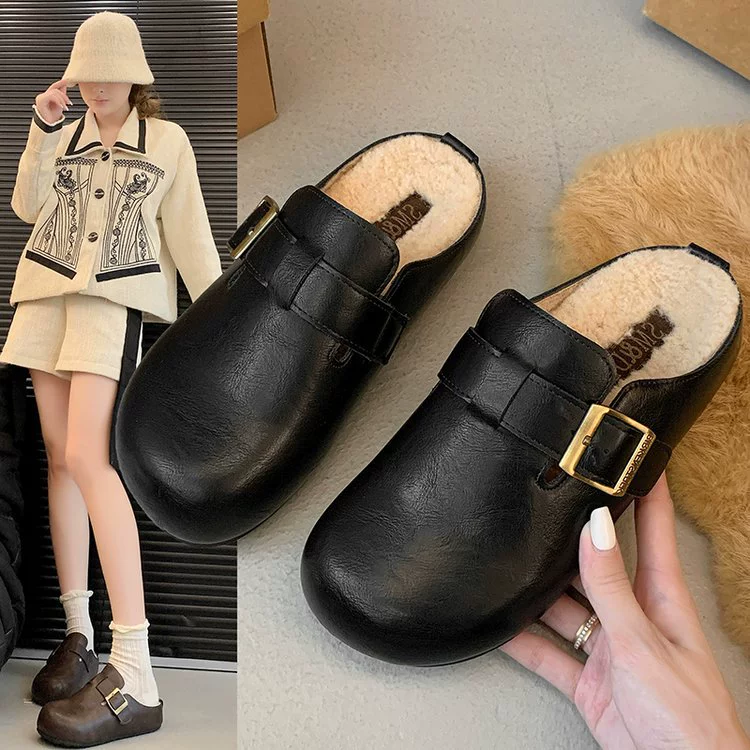 Толстая подошва кожаная лапша половинная тапочка женская осень и зима носить 2024 новый простой и удобный дикий бархат ленивый хлопок