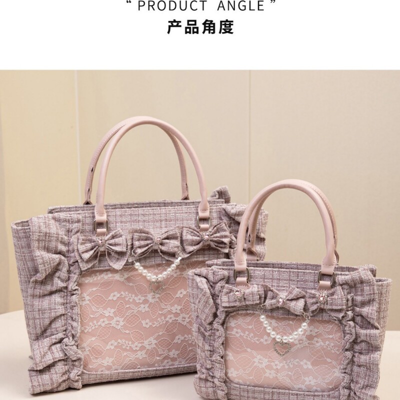 New style Chanel-inspired Japanese women's bag, cosplay bag, travel bag, tweed lace pleated bow handbag tote bag