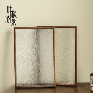 Chinese Rectangular Tray Transparent Glass Tea Tray Retro Walnut Frame Home Living Room Coffee Snack Tray