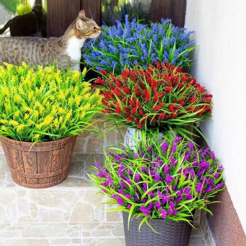 Amazon Outdoor Artificial Flowers Artificial Lavender Plastic Fake Flowers Home Decoration Wedding Green Plants Outdoor Potted Flowers