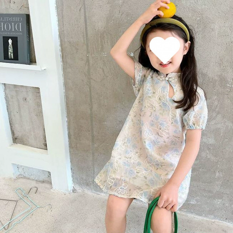 Платье для девочек 2025 Лето Новый стиль Детское чонсам Ретро Короткий рукав Юбка Вышивка Китайский стиль Древний стиль