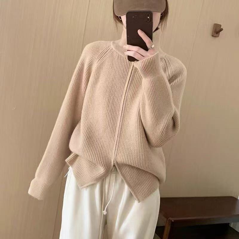 双拉链设计感毛衣开衫女跨境新款宽松坑条针织衫休息上衣外套女|undefined