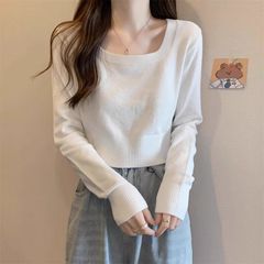 白色方领针织衫女新款秋款内搭长袖打底衫小个子收腰短款上衣批发