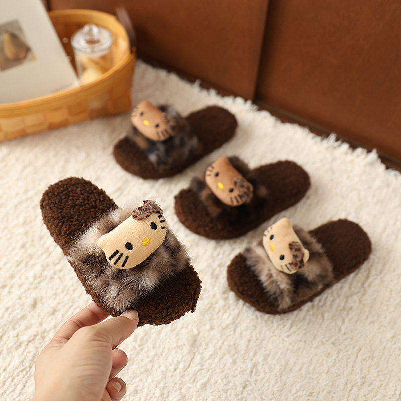豹纹儿童毛毛拖鞋可爱猫咪居家秋冬新款防滑保暖女童宝宝棉拖鞋
