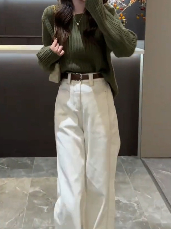 设计感后开叉套头针织毛衣+新款宽松时尚休闲显腿长直筒牛仔裤|undefined