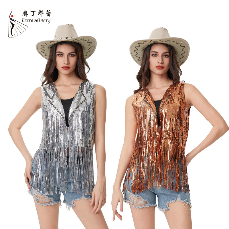 Amazon European and American Spring and Summer Vest Sequin Tassel Vest Cross-border AliExpress Western Denim Style Cardigan Vest Women