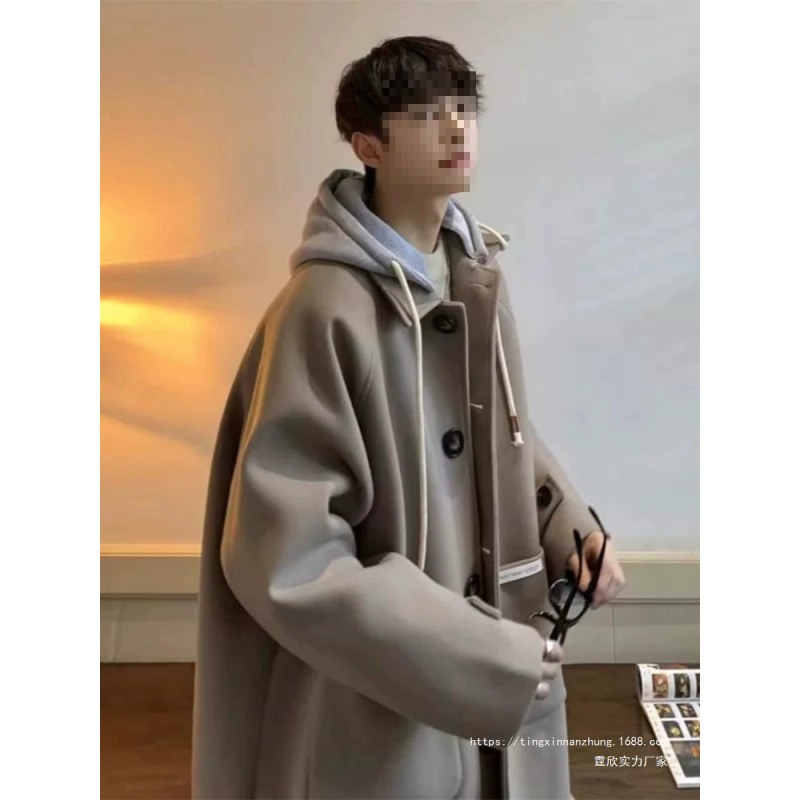 TING XIN 겨울 두꺼운 모직 코트 남자의 느슨한 가짜 투피스 후드 모직 코트 소년 트렌디 브랜드 윈드 브레이커