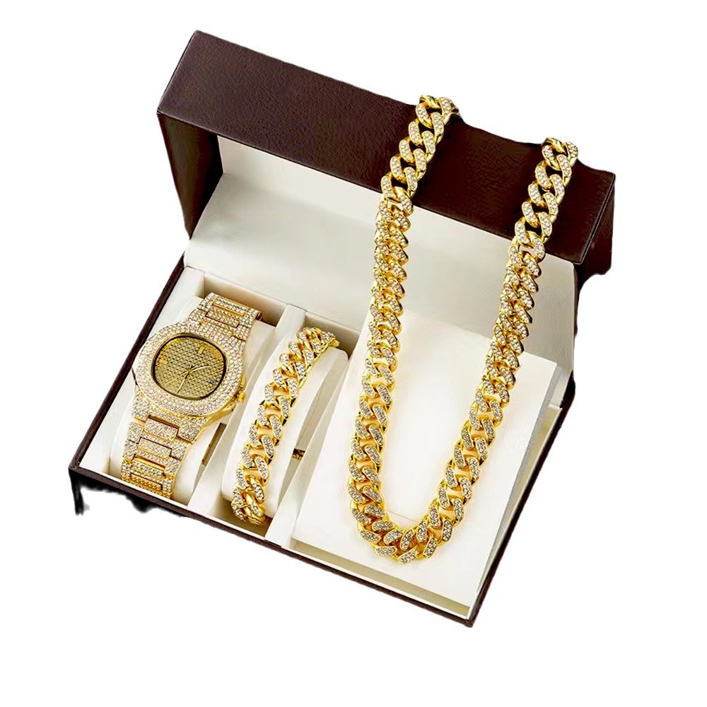 Cuban Chain Watch Bracelet Three piece Jewelry Personalized Fashion Set Hip Hop Full Diamond Necklace_voghion.com