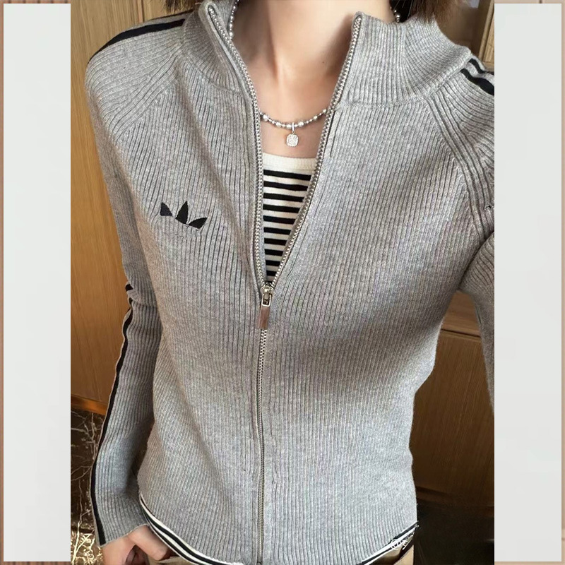 Cross-border three-leaf embroidered logo fashion slim-fit knitted sweatshirt for women, 2026 new model, three-stripe top jacket for spring and autumn