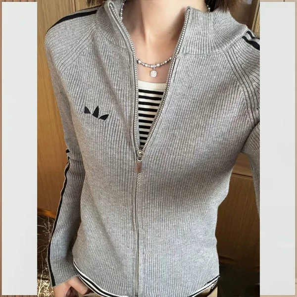 Cross-border three-leaf embroidered logo fashion slim-fit knitted sweatshirt for women, 2026 new model, three-stripe top jacket for spring and autumn