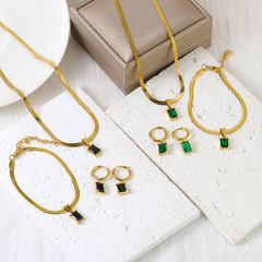 跨境個性潮流款不鏽鋼刀片項鍊手鍊耳環套裝方塊綠鑽飾品批發