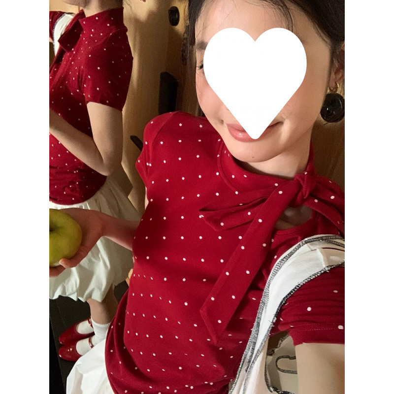 2025 赤水玉半袖 Tシャツ女性の夏の右肩痩身ボウタイホットガールトップ|undefined
