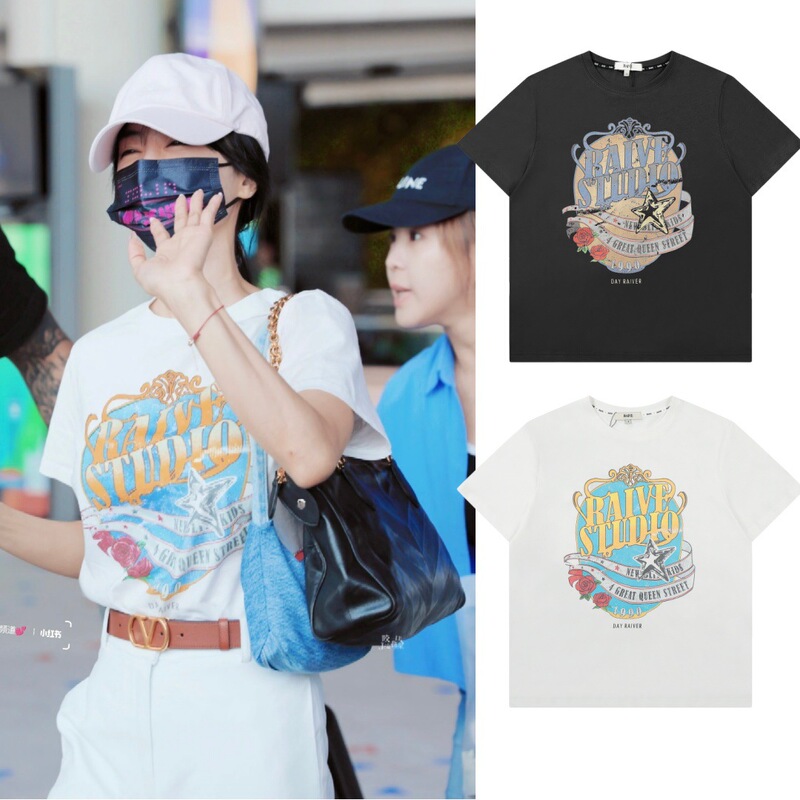 Korean Niche Fashion Brand Rai*E American Retro Distressed Graffiti Wave Rose Print Round Neck Pure Cotton Short-Sleeved T-Shirt