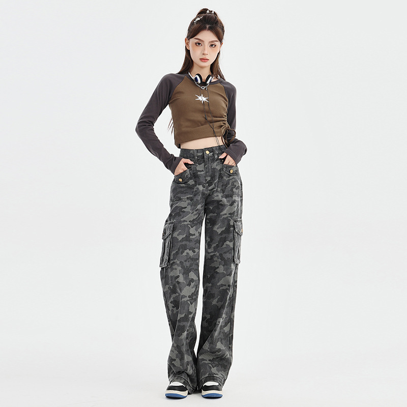 Orange Silk women's clothing# American retro camouflage high waist overalls Sweet Street hip hop loose straight jeans for women Orange Silk women's clothing# American retro camouflage high waist overalls Sweet Street hip hop loose straight jeans for women