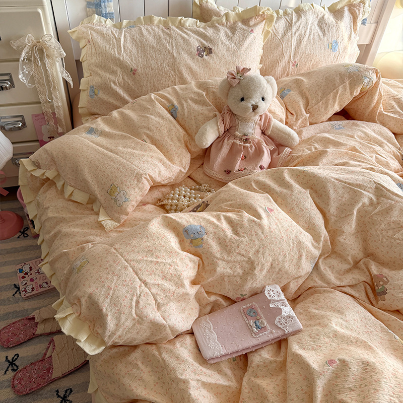 Madre y bebé clase A encaje de algodón puro cuatro piezas de cama puede dormir desnudo sábanas cubierta INS dormitorio de estudiantes tres piezas de conjunto