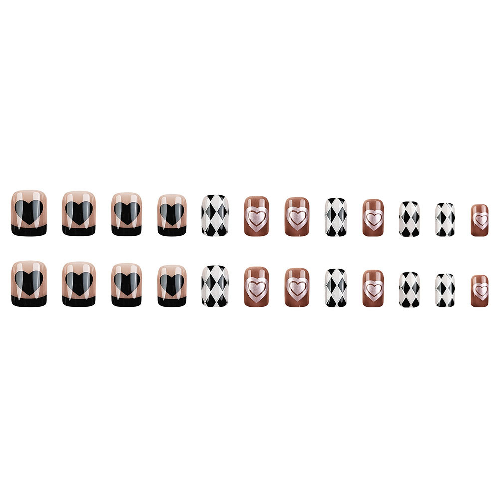 Oscuro dulce hermana amor llevar uñas marrón negro transparente lindo manicure corto dulce cool tablero de ajedrez exquisita hoja de uñas
