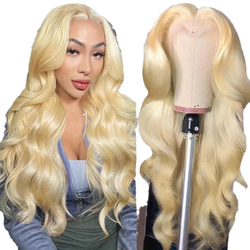 Damen-Spitzenperücke, hellgolden, mit großen Wellen, synthetische Haarverlängerung, Bestseller-Modell_voghion.com