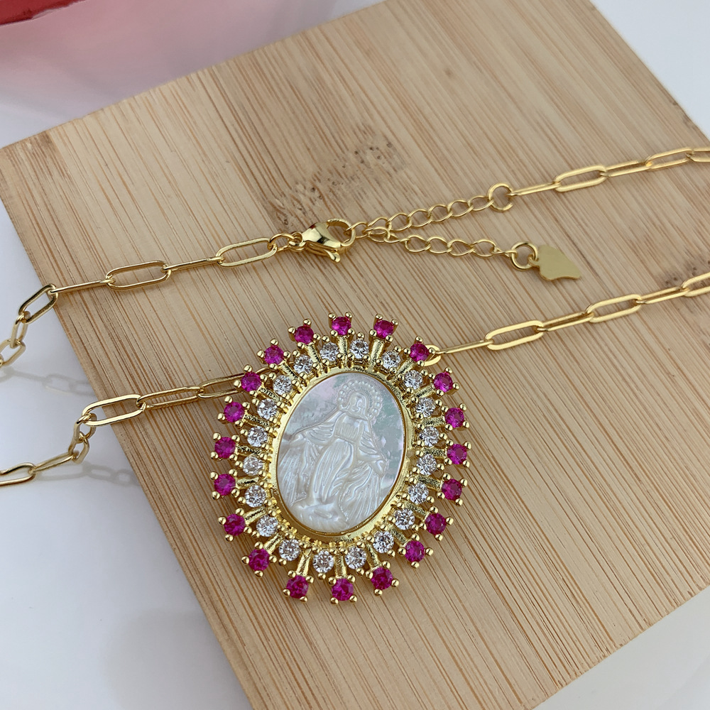 Human, Virgin Mary Pattern Natural Fritillary Copper Plating Human Virgin Mary Zircon Pendant Necklace