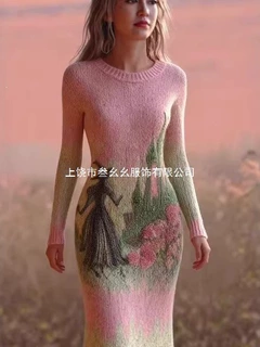 跨境欧美3D数码印花女装修身包臀裙毛衣手感柔软长裙休闲装薄纱
