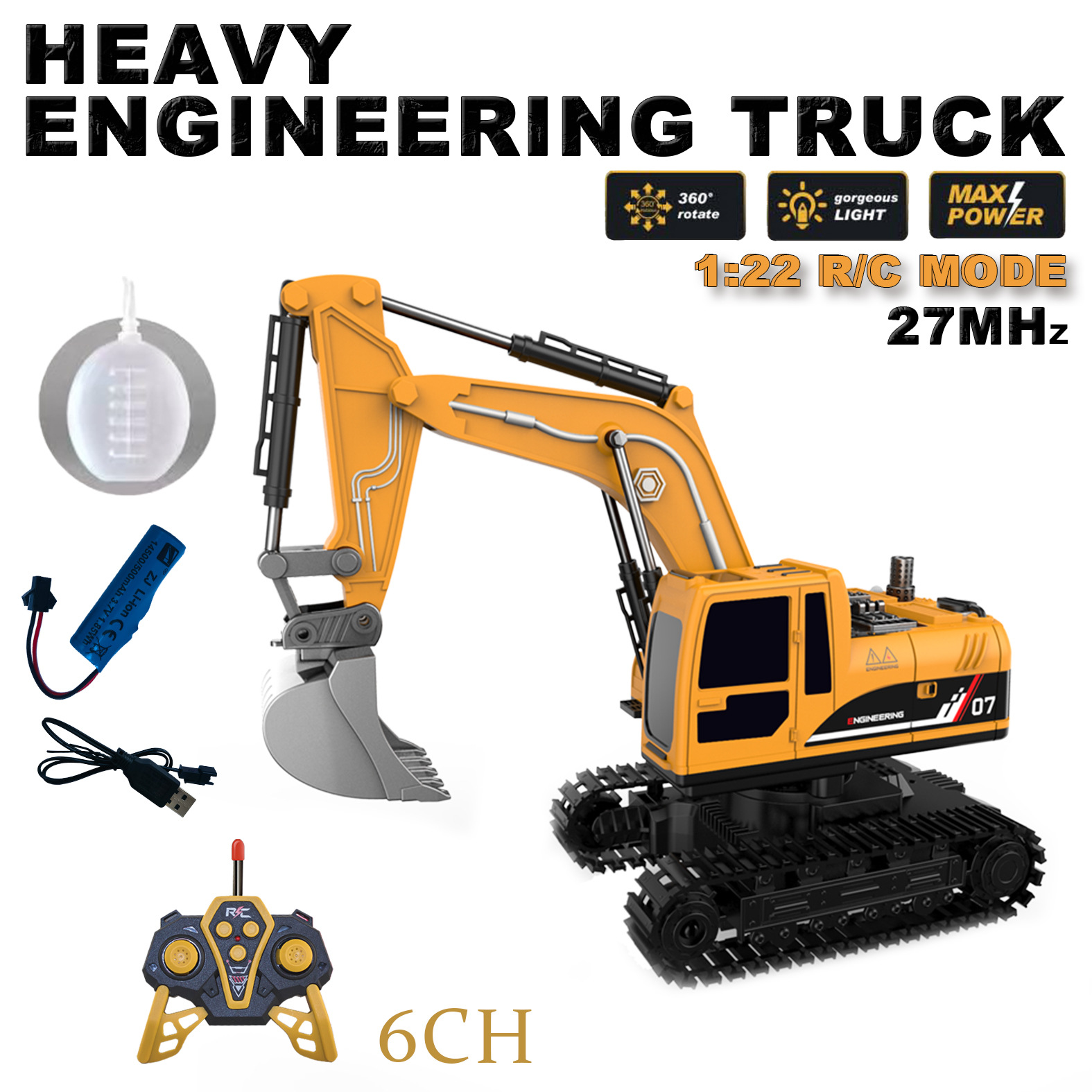 【1:22】Six-channel remote control excavator engineering machine【Lighting】