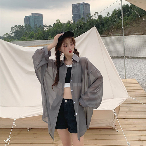 Summer Korean Style Long-Sleeve Loose Chiffon Shirt for Women, Design-Oriented and Unique, Ideal for Sun Exposure as an Outerwear Top