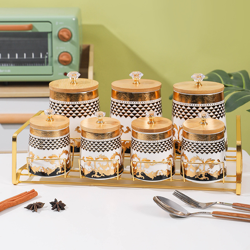 Juego de caja de condimento de comercio exterior de exportación frasco de condimento creativo con estante frasco de sellado de cerámica de lujo ligero frasco de almacenamiento de cocina