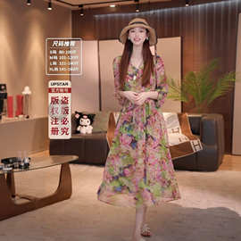 轻奢大牌桑蚕丝连衣裙女2026夏季新款高级感时尚印花气质优雅长裙