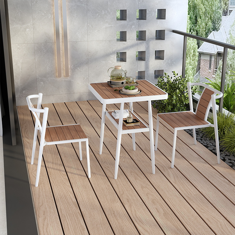 Outdoor Balcony Table and Chair Set, Three-Piece Leisure Tea Table and Chair Combination, Can Accommodate One Table and Two Chairs, Suitable for Small Apartments, Made of Plastic Wood