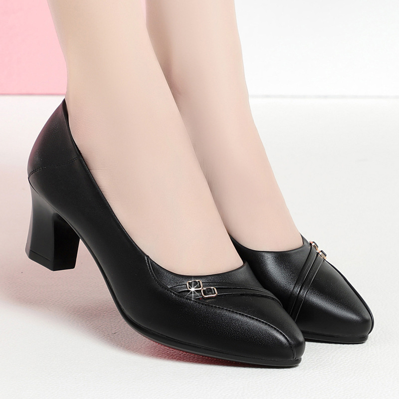 Cross-border Spring Business Women's Leather Shoes Low Mouth Thick Heeled Work Shoes Waterproof Table Breathable Small Pointed Women's Shoes Cross-border Spring Business Women's Leather Shoes Low Mouth Thick Heeled Work Shoes Waterproof Table Breathable Small Pointed Women's Shoes