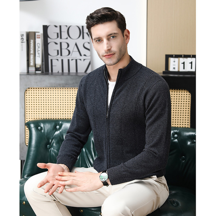 Hombres de mediana edad ligeros y casuales de cuello cremallera cardigan chaqueta de lana de invierno de otoño delgado suéter de punto de moda