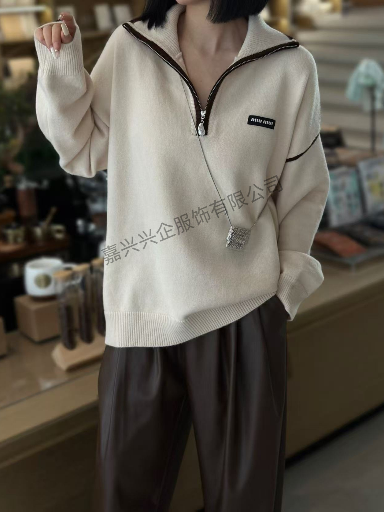 跨境外贸工厂秋冬新款女装半拉链套头休闲慵懒宽松针织衫上衣打底