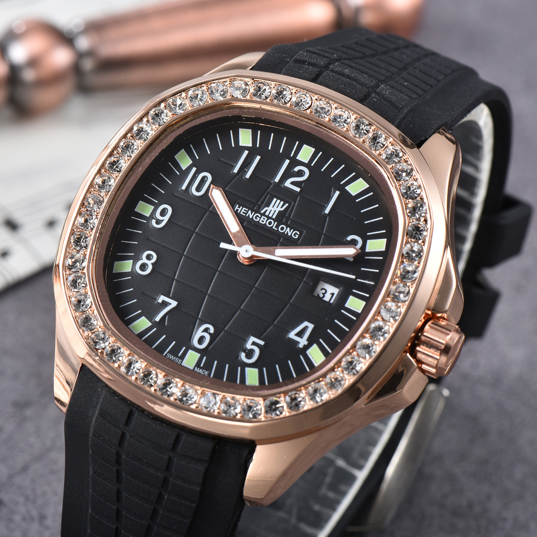 Men's Quartz Watch Square Nautilus Style Diamond Set Silicone_voghion.com