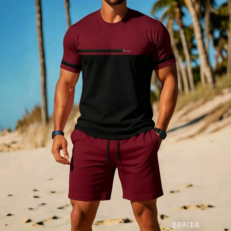 Summer men's gradient outfit with "BALANCE" letter print, short-sleeve T-shirt and shorts two-piece set, casual sports set Summer men's gradient outfit with "BALANCE" letter print, short-sleeve T-shirt and shorts two-piece set, casual sports set