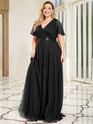 Fashionable Plus Size High-Waisted Simple Elegant V-Neck Net Dress Gown Popular in Europe and America Maid of Honor Dress